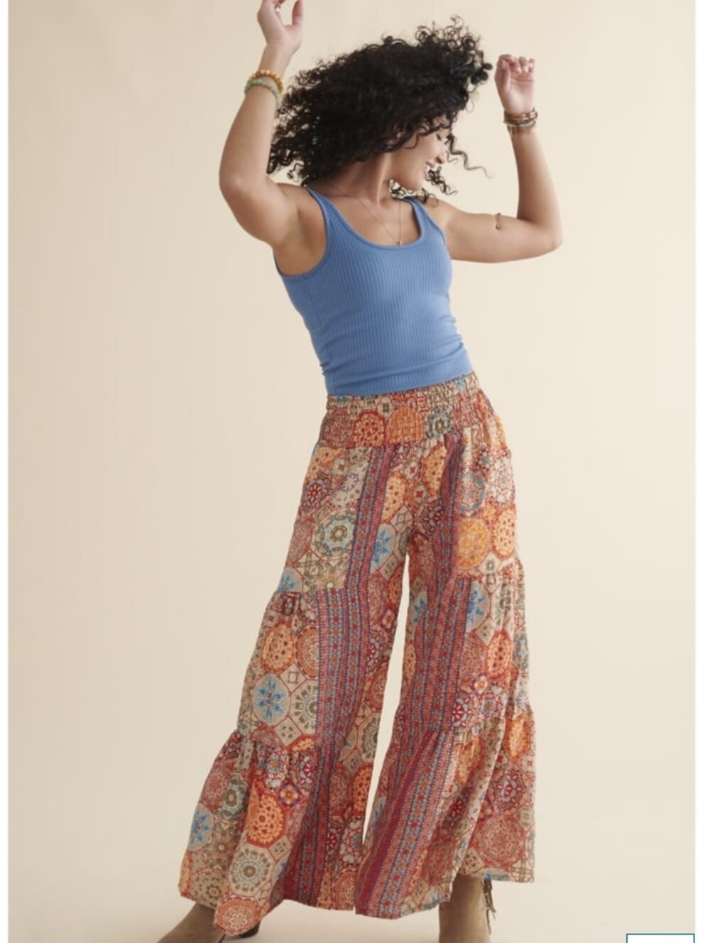 Earthbound Trading Co Bohemian Tiered Sari Wide-Leg Pants
